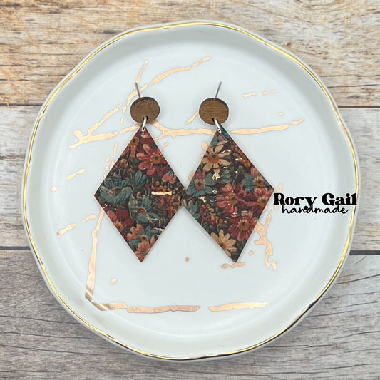 Rory Gail Handmade Earrings Autumn Daisies Cork 2 inch Diamond Dangles