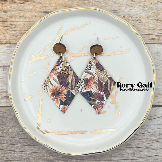 Rory Gail Handmade Earrings Autumn Sunflowers Genuine Leather 2 inch Diamond Dangles