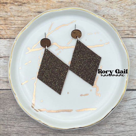 Rory Gail Handmade Earrings Brown Glitter Cork 2 inch Diamond Dangles