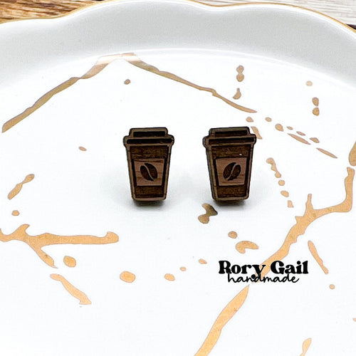 Rory Gail Handmade Earrings Coffee Cup Wood Stud Earrings