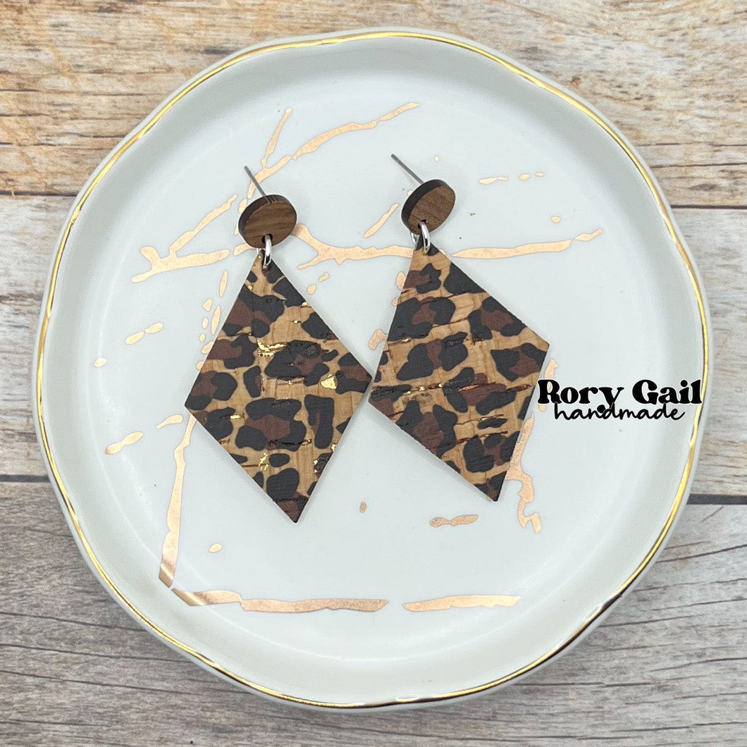 Rory Gail Handmade Earrings Leopard Cork 2 inch Diamond Dangles