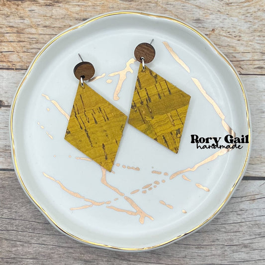 Rory Gail Handmade Earrings Mustard Cork 2 inch Diamond Dangles