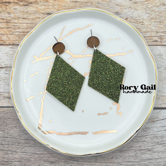 Rory Gail Handmade Earrings Olive Glitter Cork 2 inch Diamond Dangles