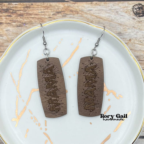 Rory Gail Handmade Floral Mama Engraved Wood Bar Earrings