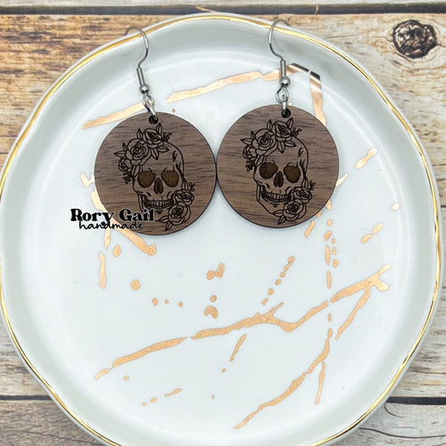 Rory Gail Handmade Floral Skull Wood Circle Earrings