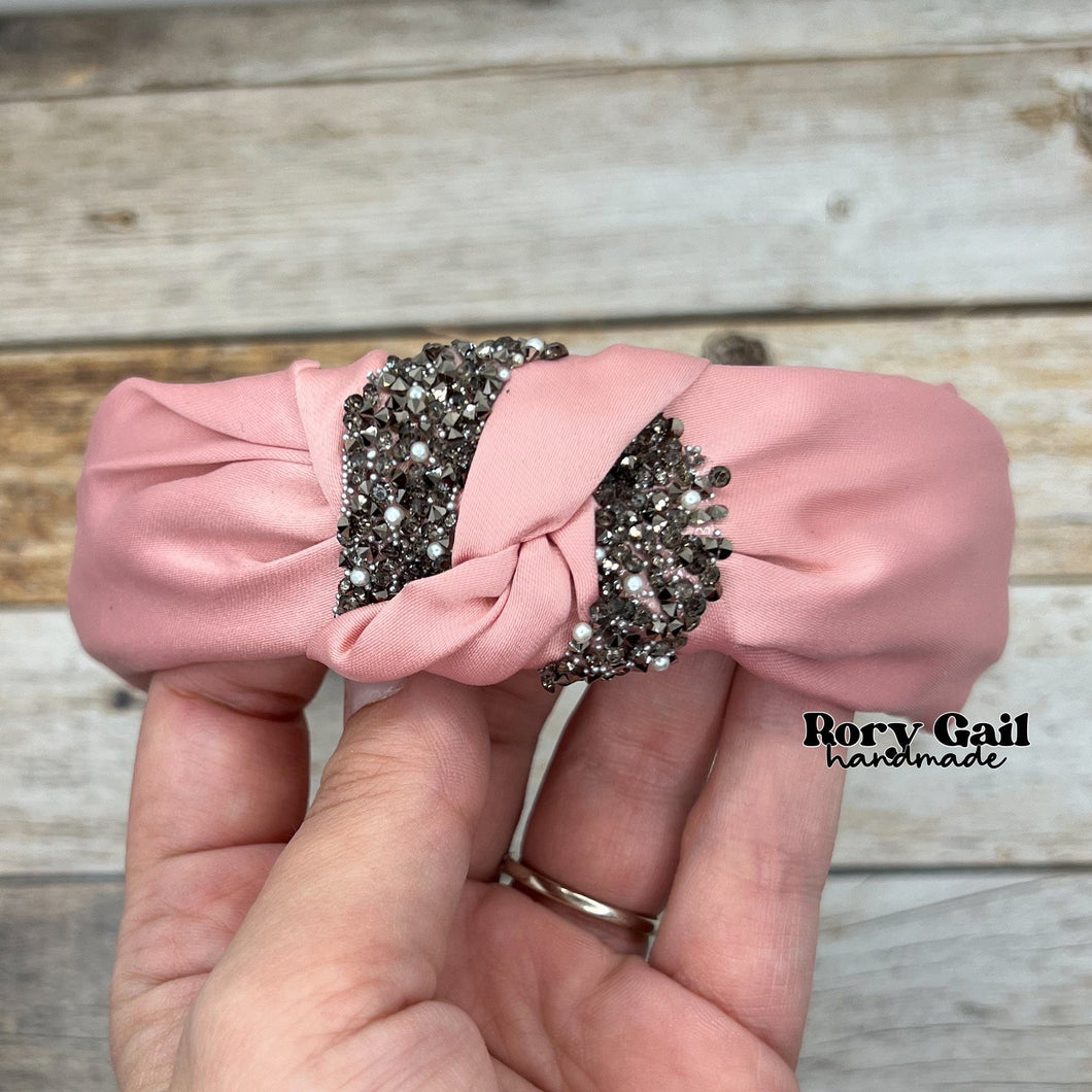 Rory Gail Handmade Headband Blush Pink Satin Bling Top Knot Headband