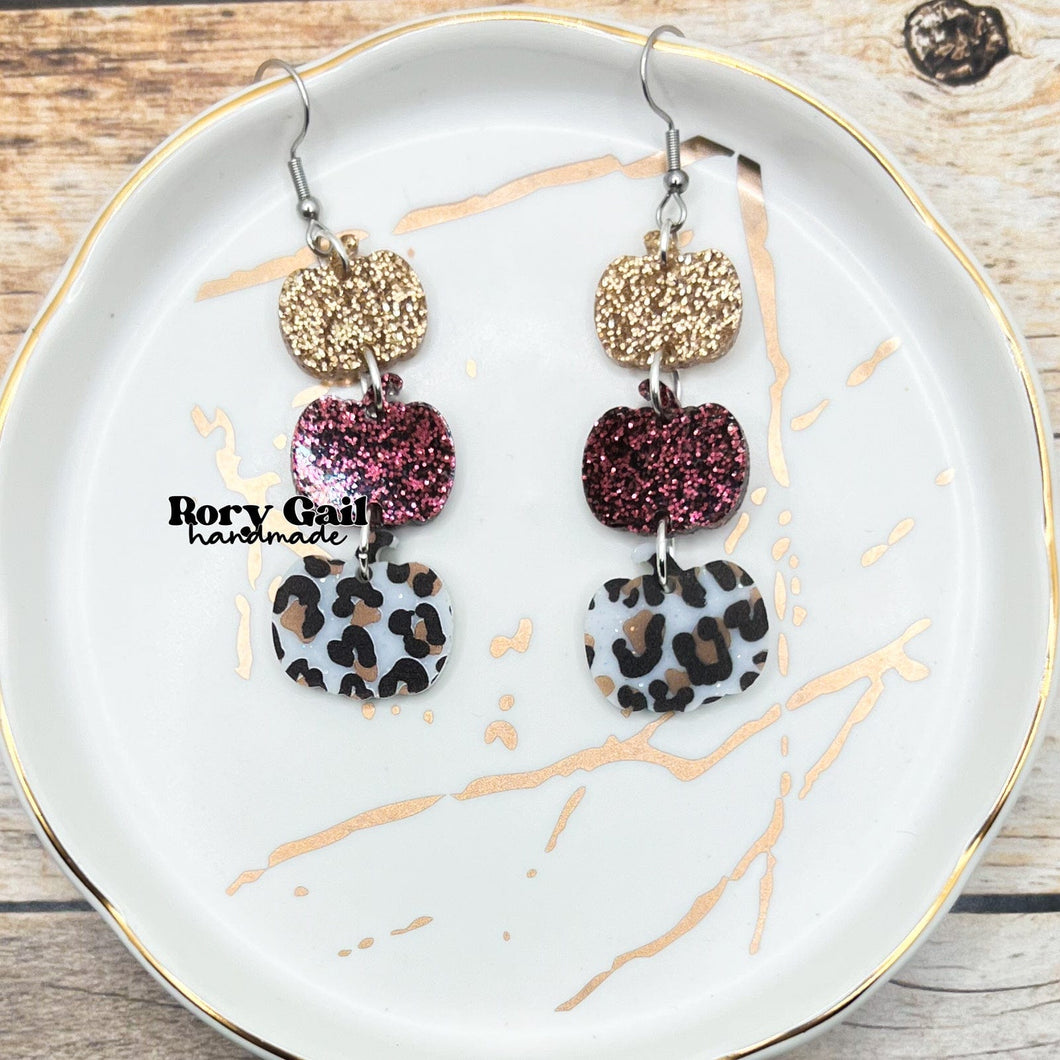 Rory Gail Handmade Leopard Glitter Pumpkin Trio Acrylic Dangle Earrings