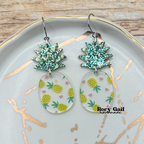 Rory Gail Handmade Pineapple Glitter Top Acrylic Earrings