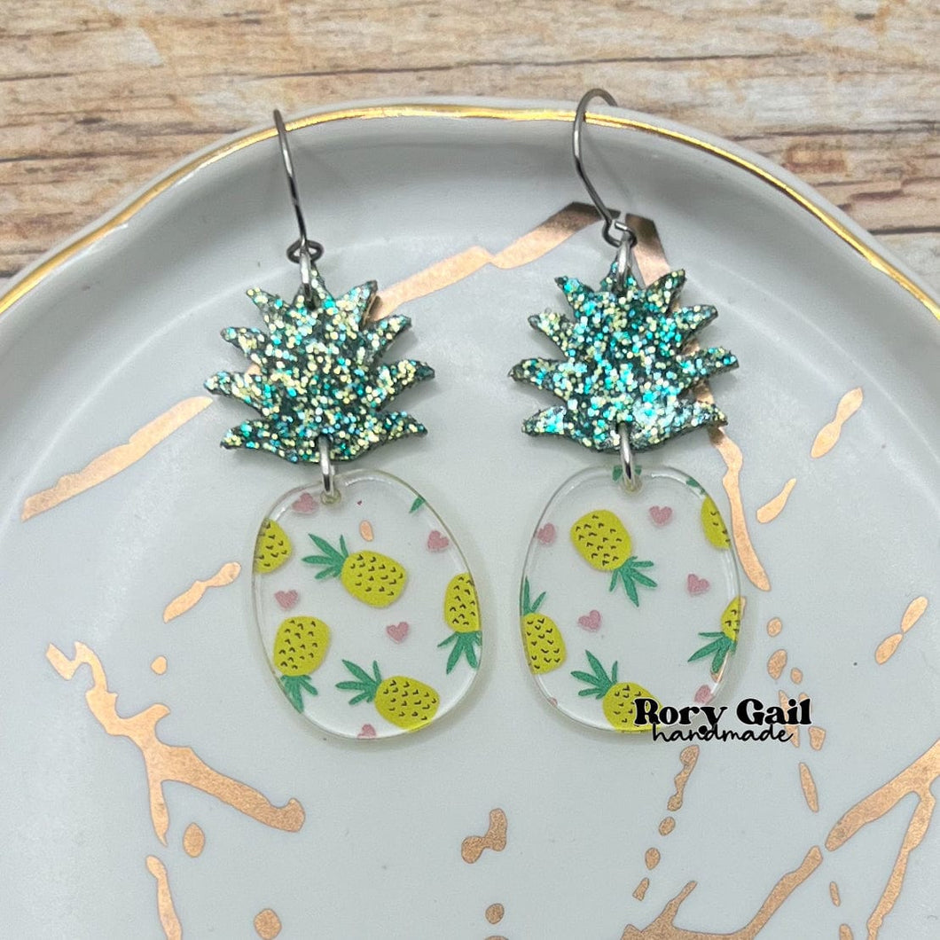 Rory Gail Handmade Pineapple Glitter Top Acrylic Earrings