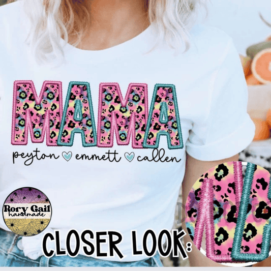 OCo Pink Blue Leopard Faux Embroidery Personalized Mama Tee