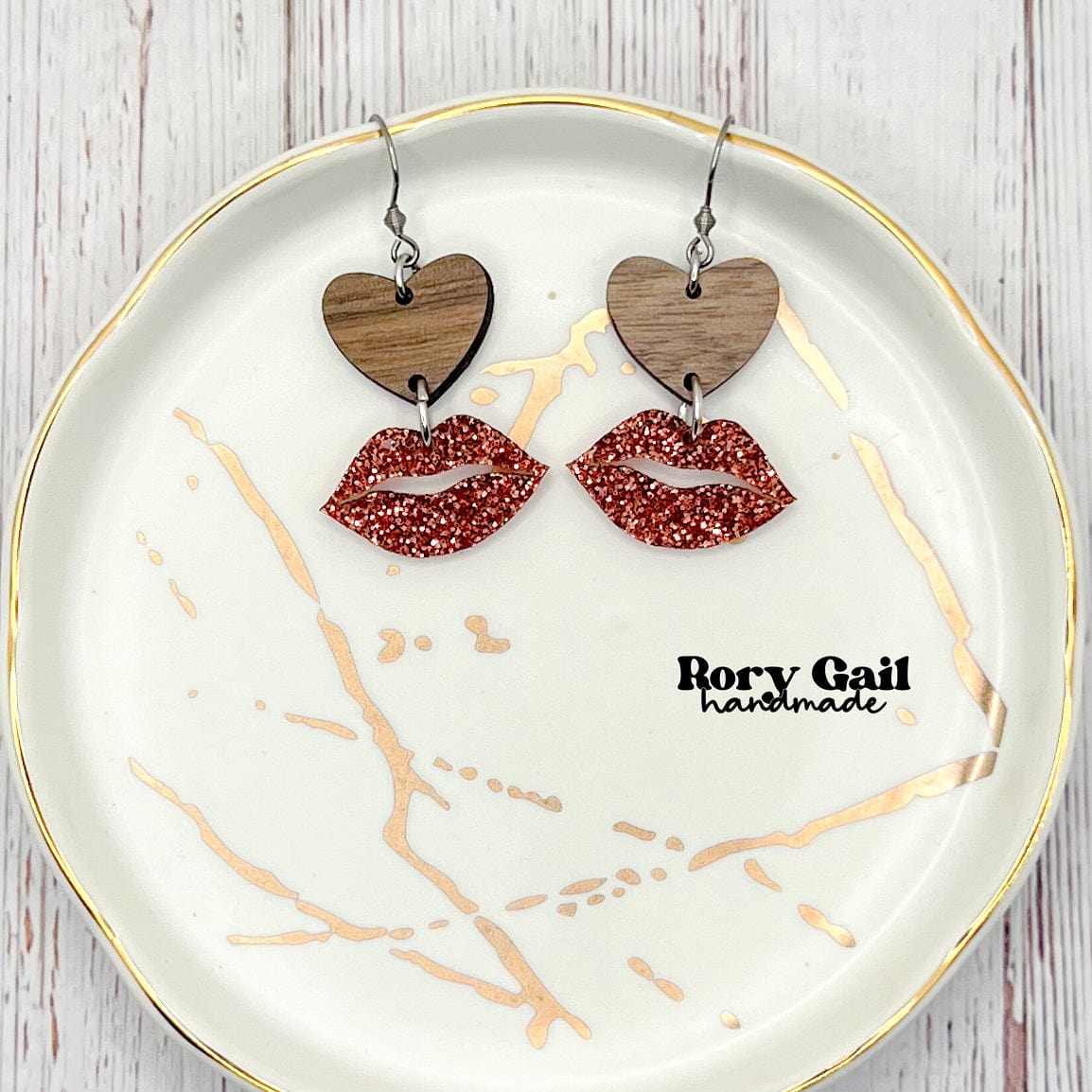 Rory Gail Handmade Pink Glitter Lips and Wood Hearts Dangle Acrylic Earrings