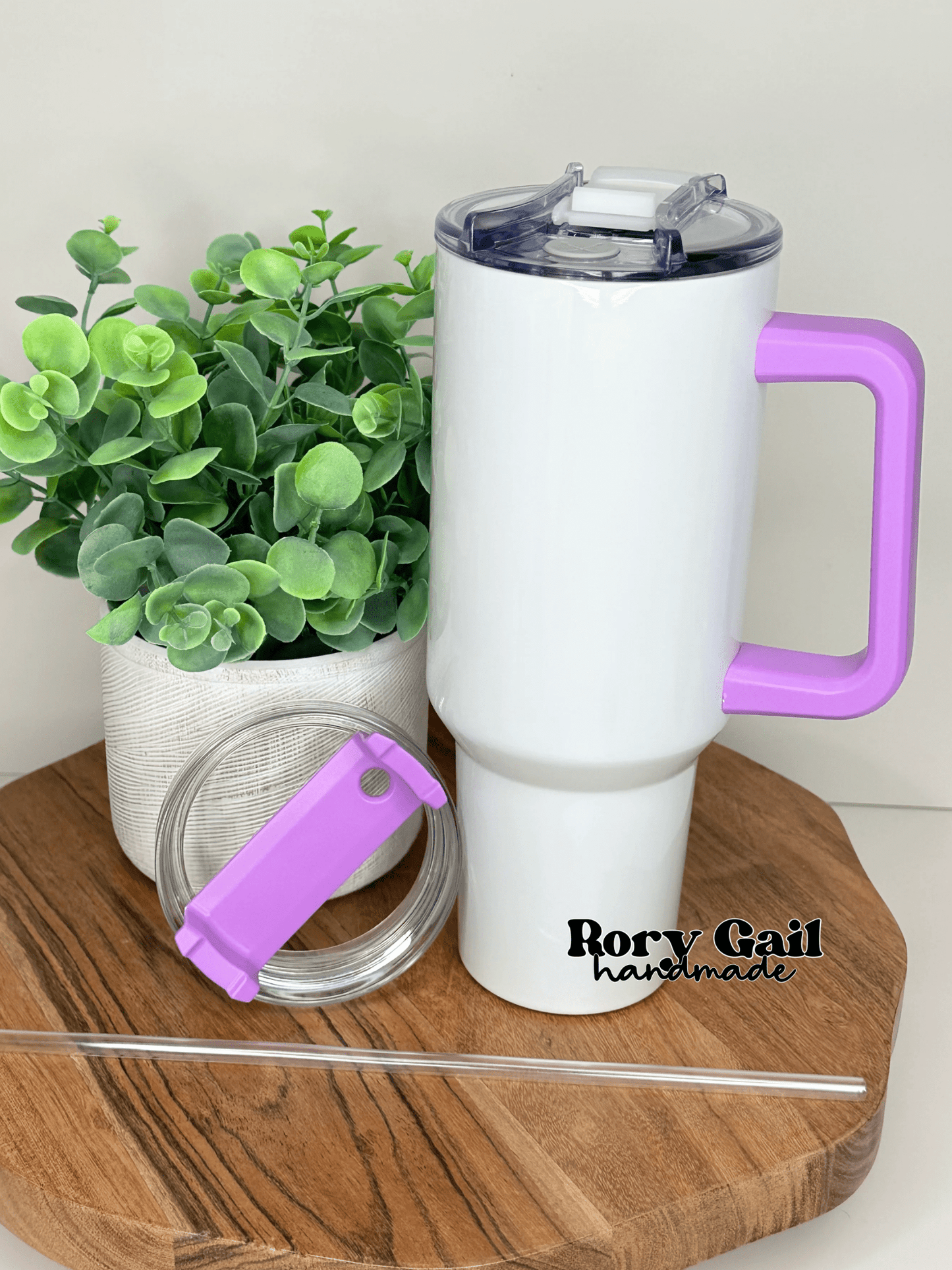 Rory Gail Handmade Purple Handle - White Tumbler 40oz Quencher