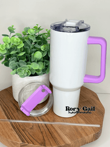 Rory Gail Handmade Purple Handle - White Tumbler Just Breathe 40oz Quencher