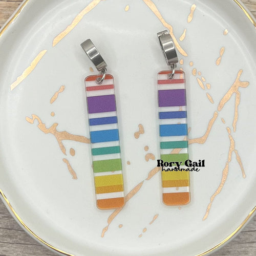 Rory Gail Handmade Rainbow Stripe Acrylic Bar Earrings with Huggie Hooks