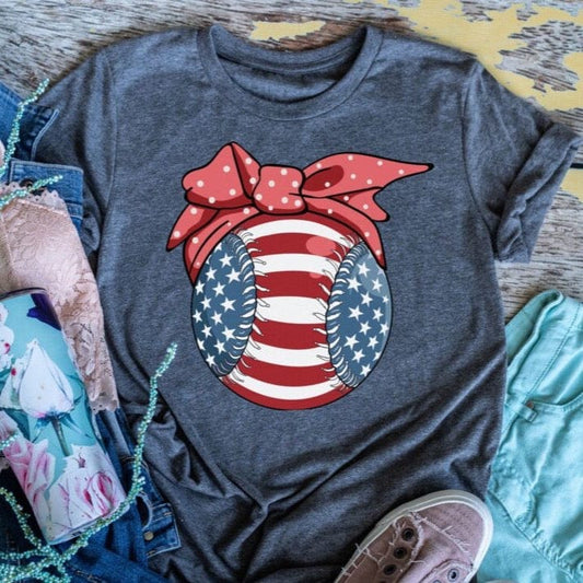 Rory Gail Handmade Shirts & Tops Patriotic Baseball With Bow