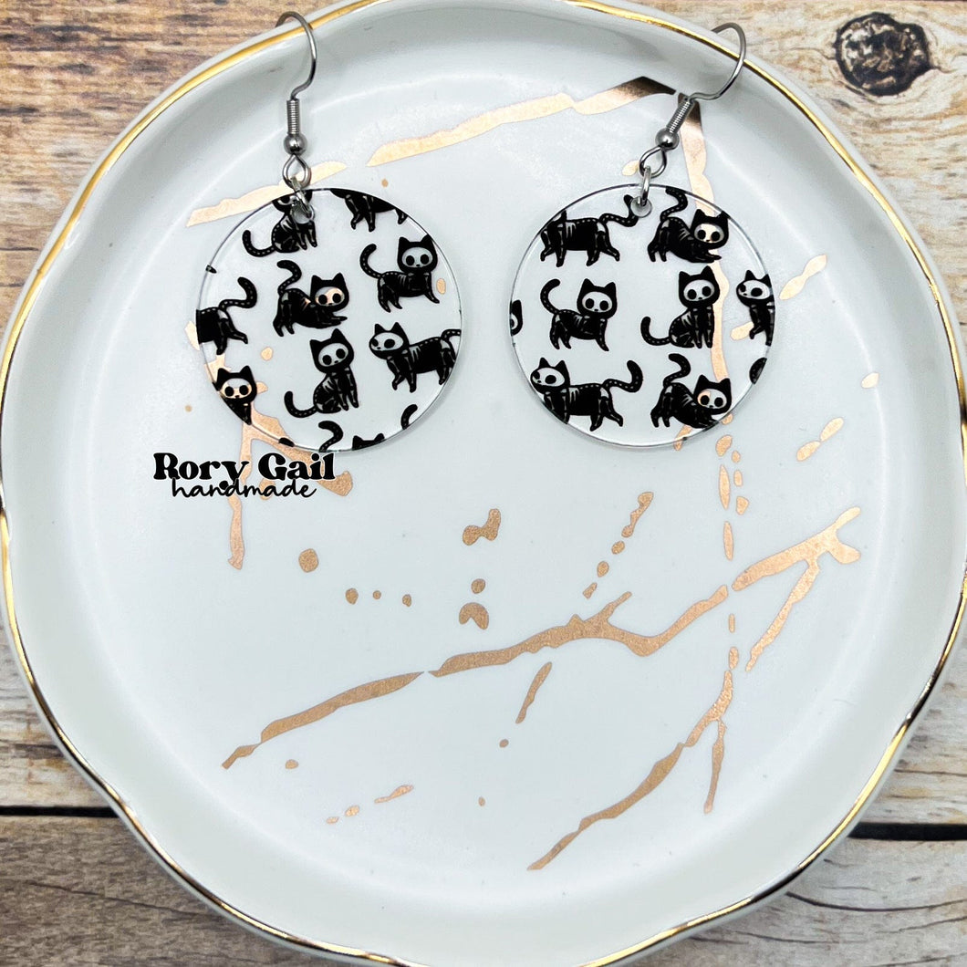 Rory Gail Handmade Skelly Cats Acrylic Circle Earrings