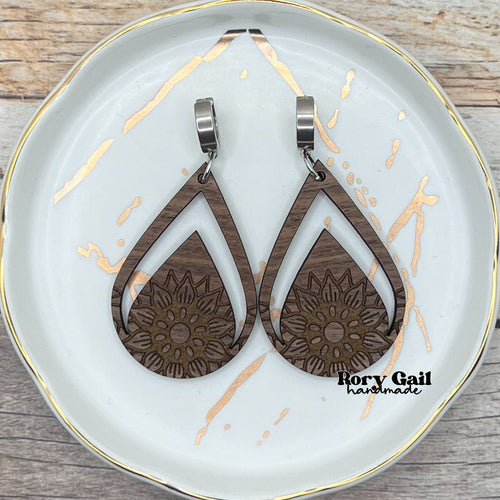 Rory Gail Handmade Sunflower Cutout Wood Earrings with Huggie Hooks