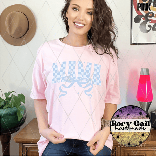 Rory Gail Handmade T-Shirt Baby Blue Checkered Mama Adult Tee