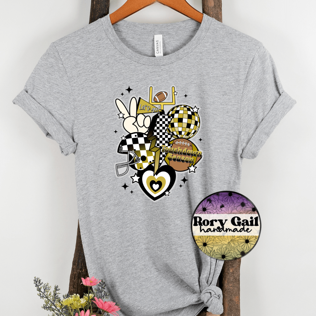 Rory Gail Handmade T-Shirt Black and Gold Retro Touchdown Season Adult Tee