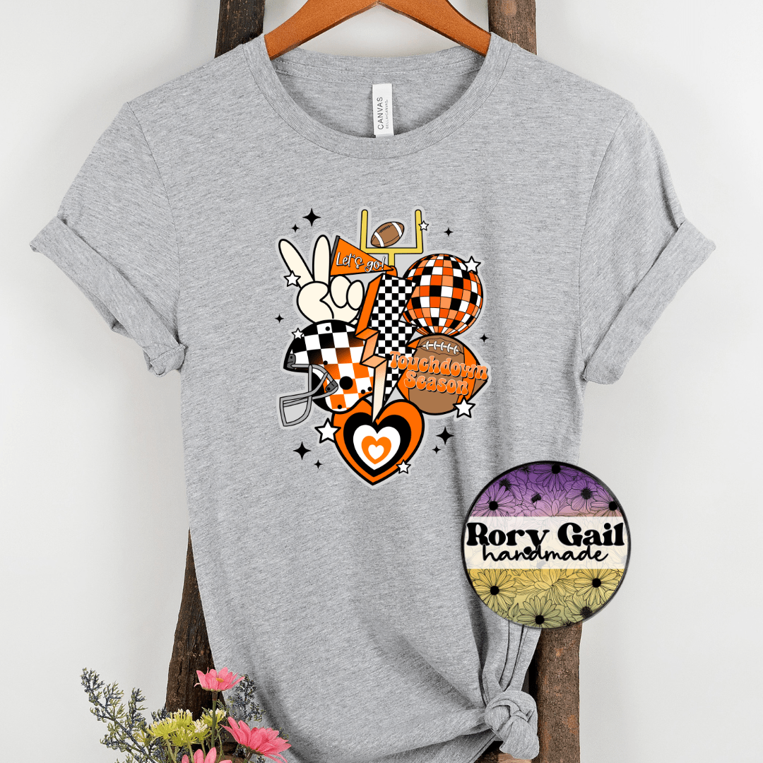 Rory Gail Handmade T-Shirt Black and Orange Retro Touchdown Season Adult Tee