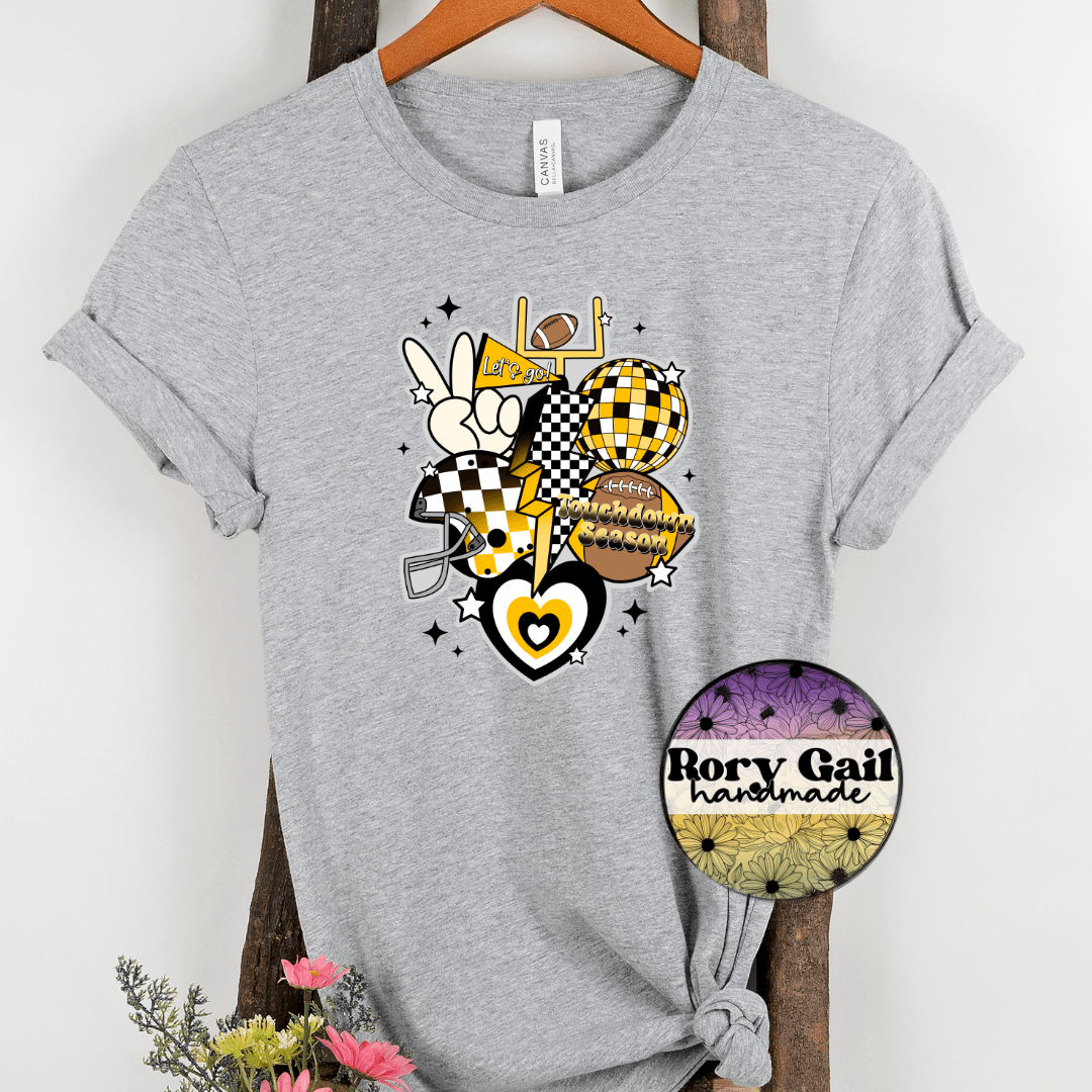 Rory Gail Handmade T-Shirt Black and Yellow Retro Touchdown Season Adult Tee