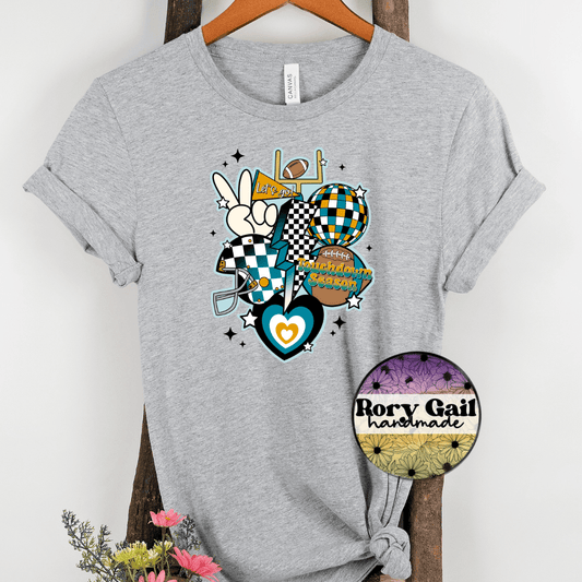 Rory Gail Handmade T-Shirt Black/Teal/Yellow Retro Touchdown Season Adult Tee