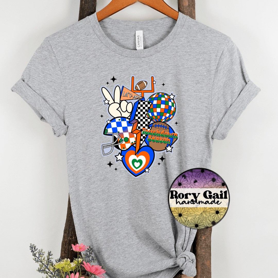 Rory Gail Handmade T-Shirt Blue/Orange/Green Retro Touchdown Season Adult Tee