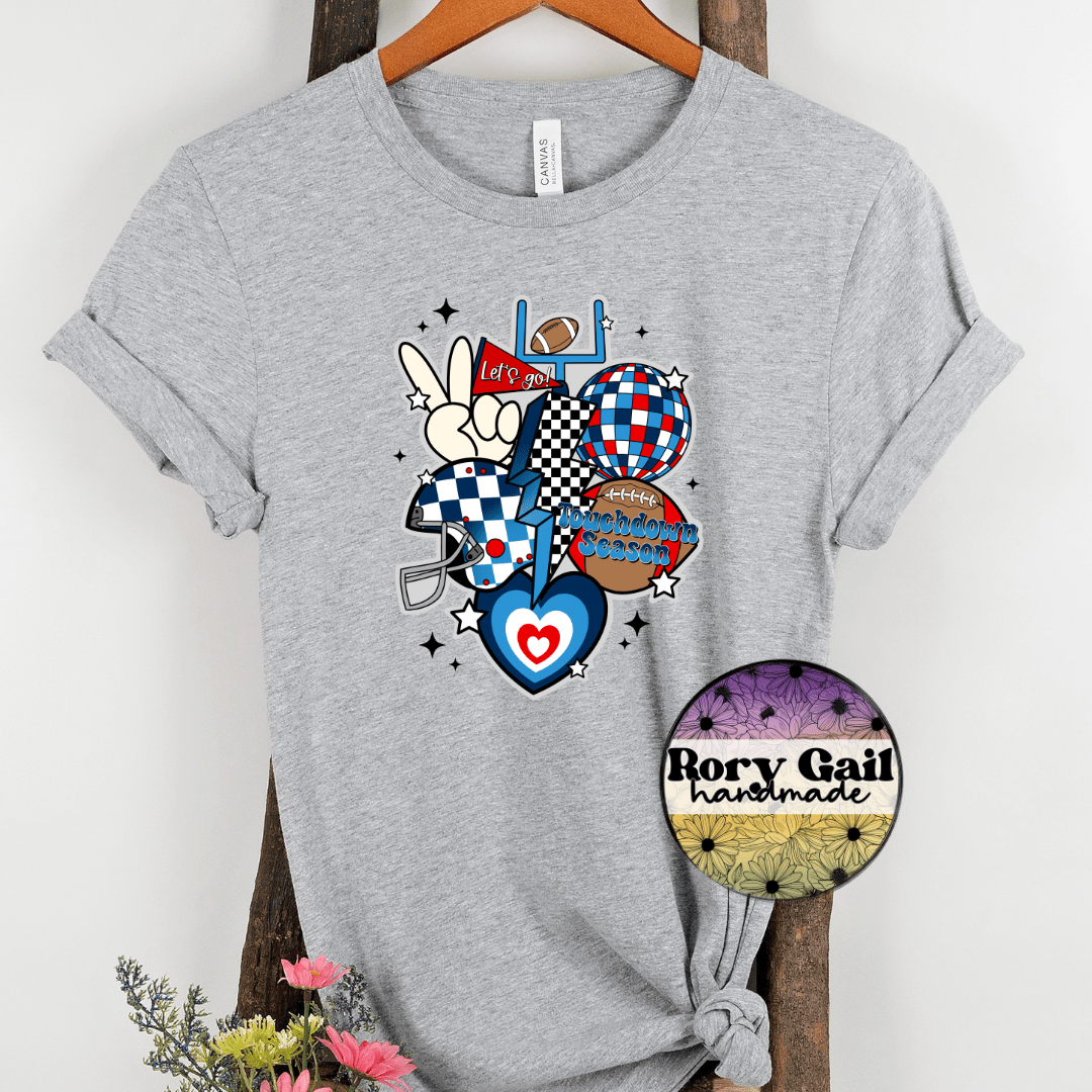 Rory Gail Handmade T-Shirt Blues and Red Retro Touchdown Season Adult Tee