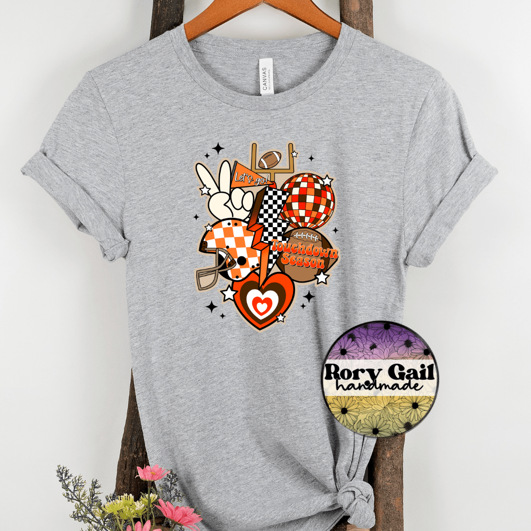 Rory Gail Handmade T-Shirt Brown and Orange Retro Touchdown Season Adult Tee