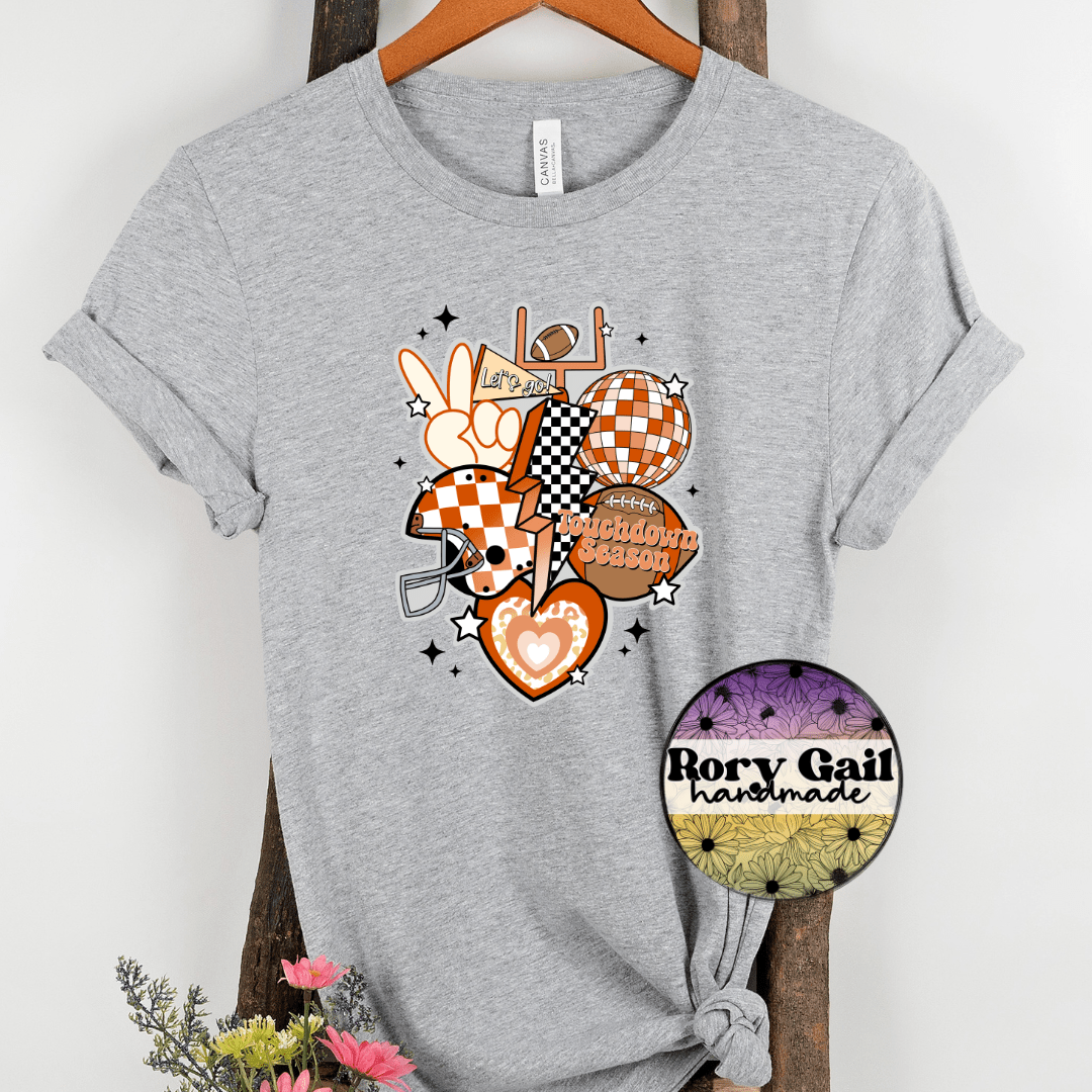 Rory Gail Handmade T-Shirt Burnt Orange and Peach Retro Touchdown Season Adult Tee
