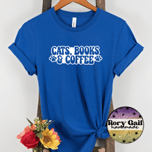 Load image into Gallery viewer, Rory Gail Handmade T-Shirt Cats Books &amp; Coffee Adult Tee
