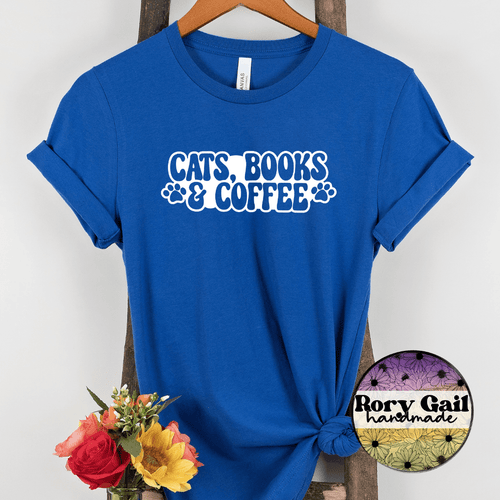 Rory Gail Handmade T-Shirt Cats Books & Coffee Adult Tee