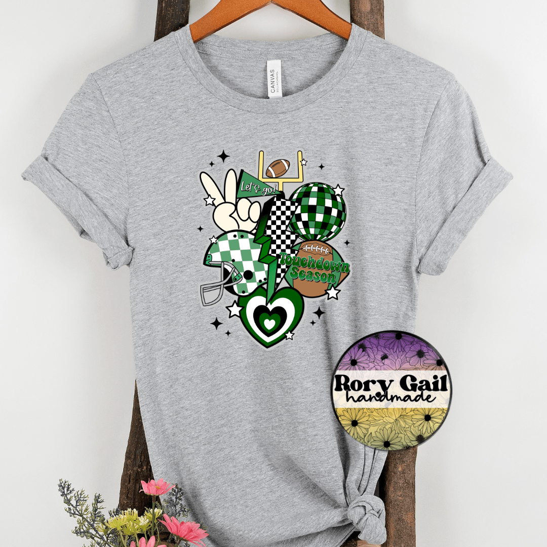 Rory Gail Handmade T-Shirt Dark Green and Black Retro Touchdown Season Adult Tee