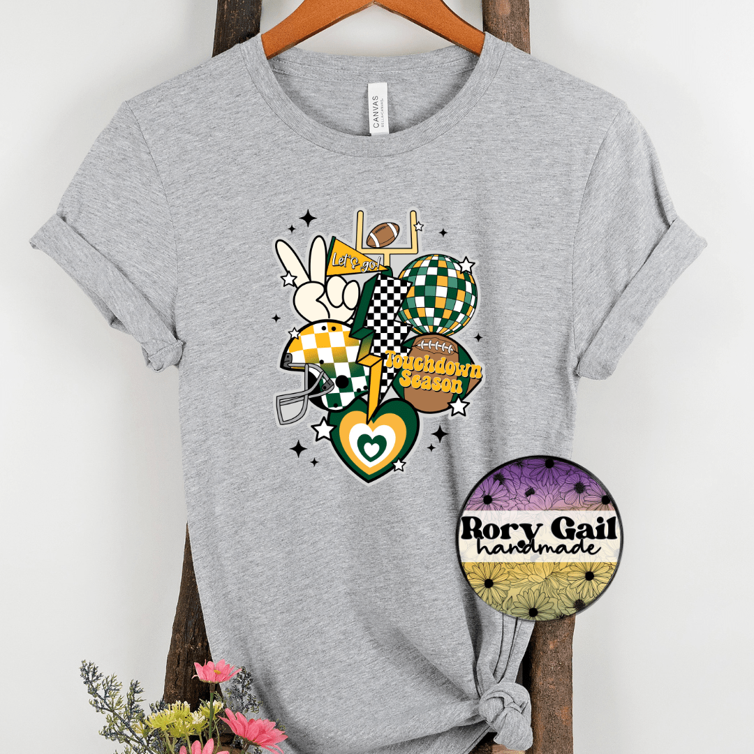 Rory Gail Handmade T-Shirt Dark Green and Yellow Retro Touchdown Season Adult Tee