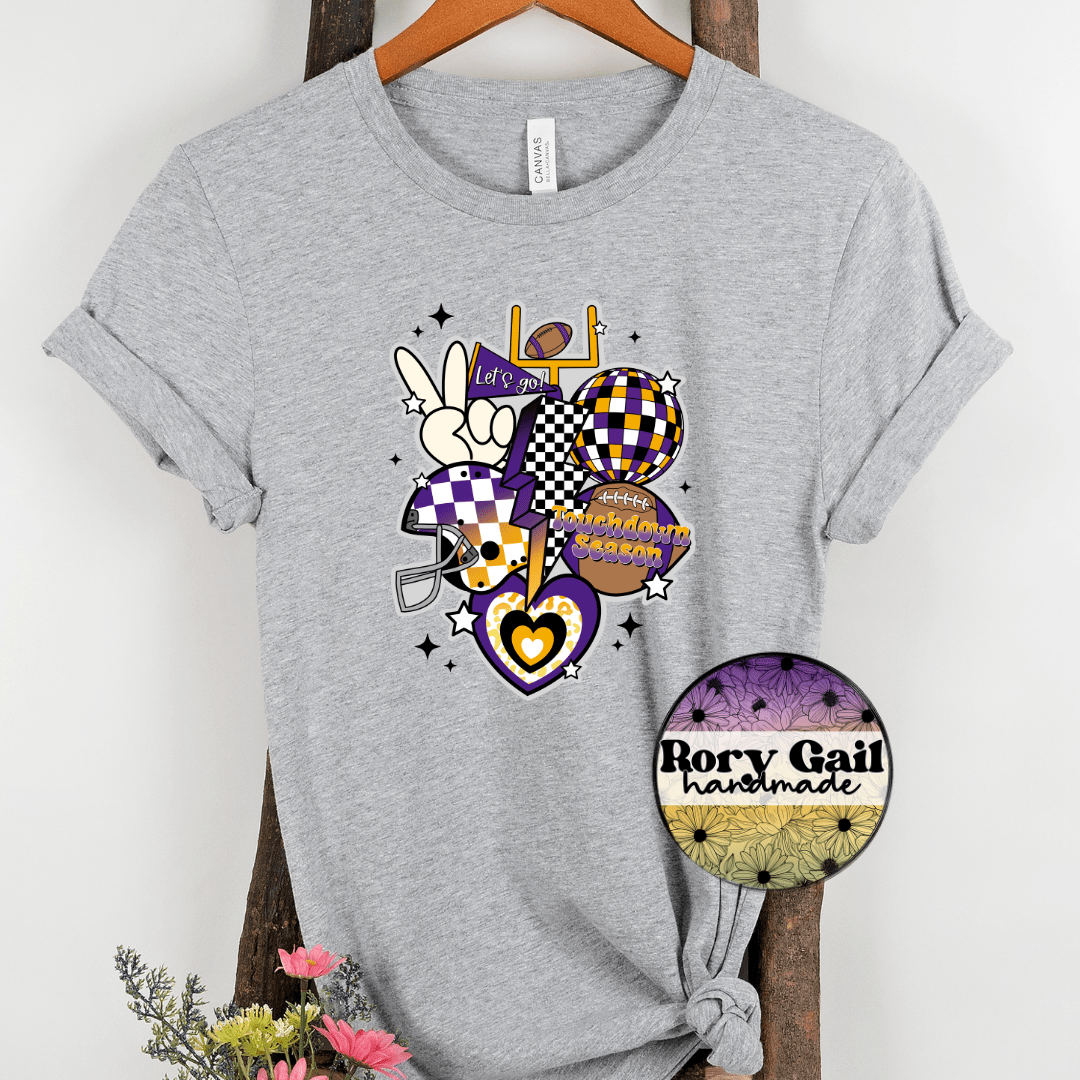 Rory Gail Handmade T-Shirt Dark Purple/Yellow/Black Retro Touchdown Season Adult Tee