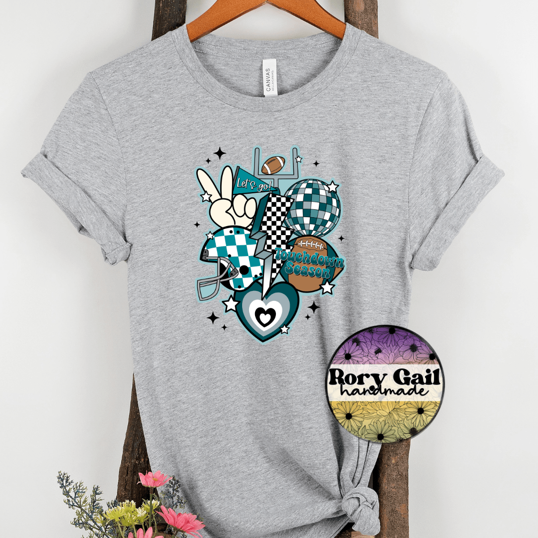 Rory Gail Handmade T-Shirt Dark Teal/Grey/Black Retro Touchdown Season Adult Tee