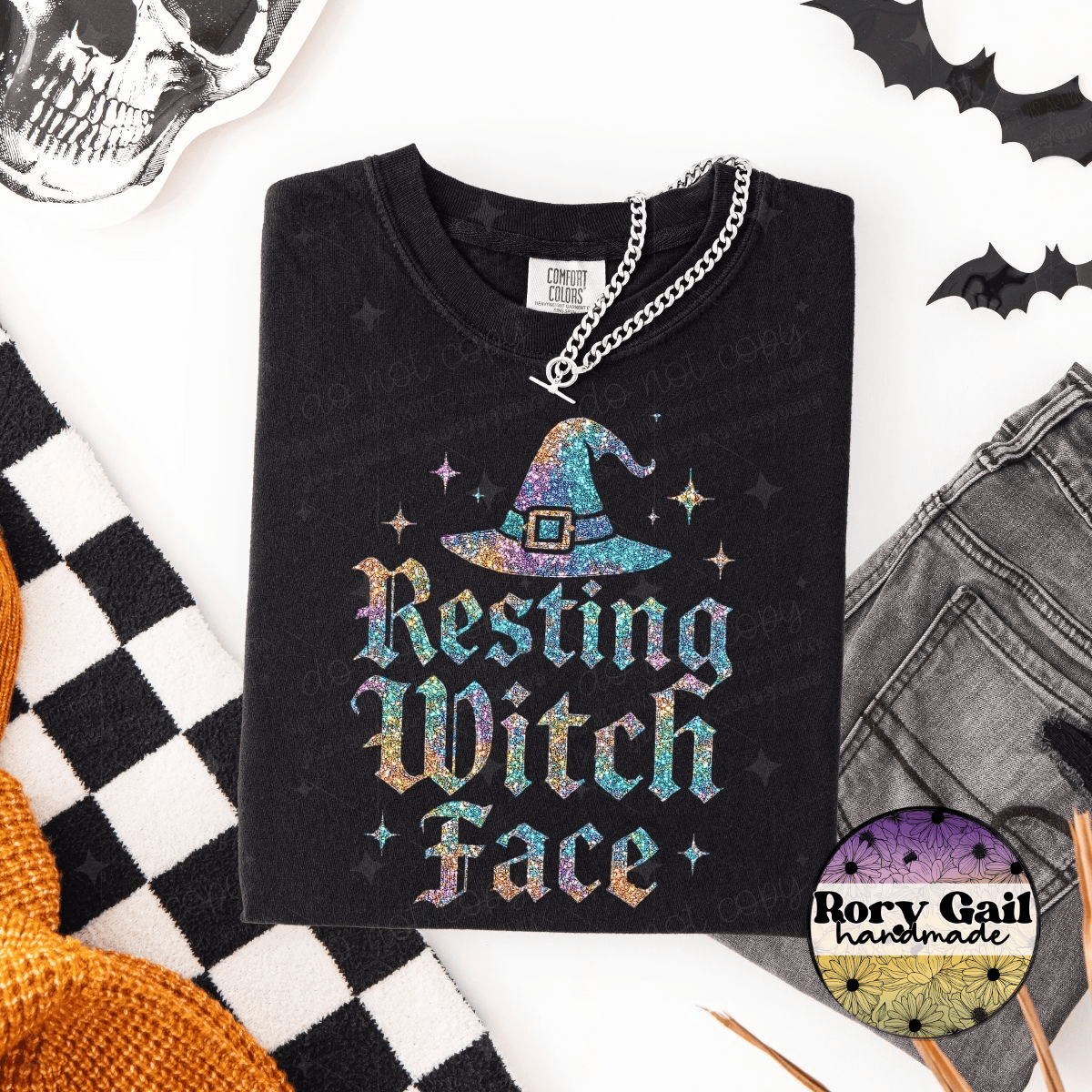 OCo T-Shirt Faux Glitter Resting Witch Face Adult