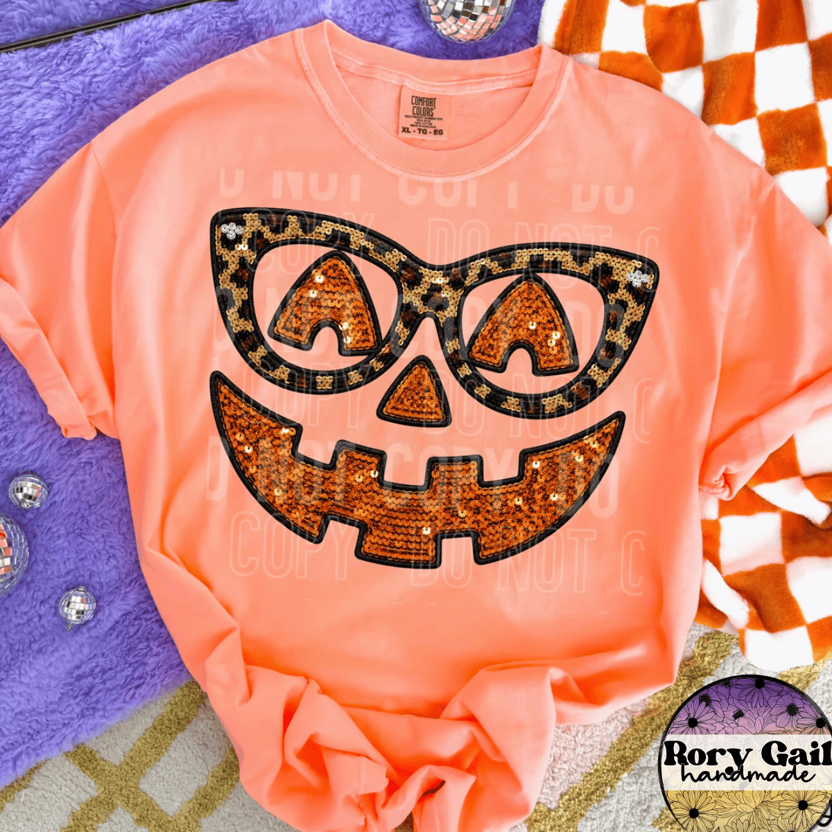 Chase T-Shirt Faux Sequins Leopard Glasses Jack-o-Lantern Tee
