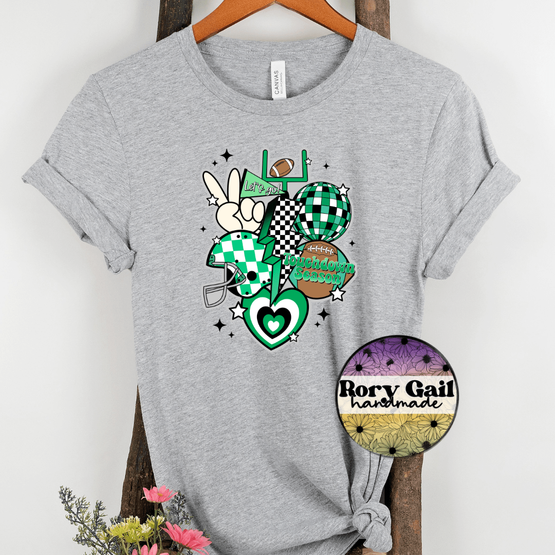 Rory Gail Handmade T-Shirt Green and Black Retro Touchdown Season Adult Tee