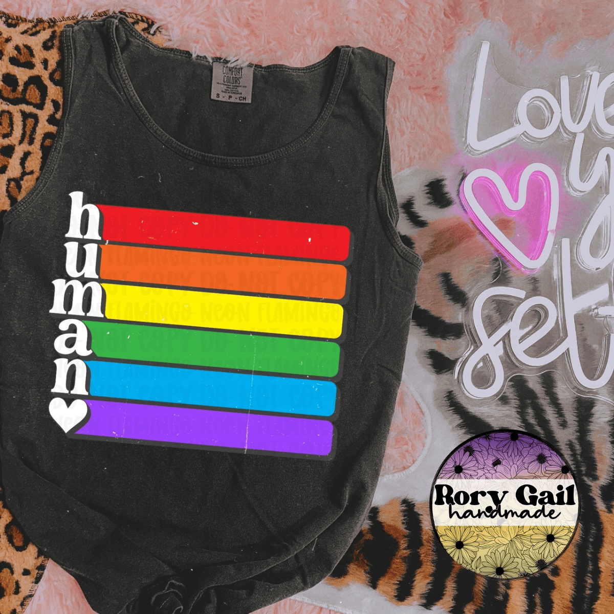 Neon Flamingo T-Shirt Human Rainbow Stripes Tee