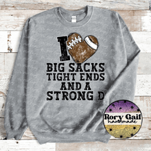 Load image into Gallery viewer, Rory Gail Handmade T-Shirt I Heart Big Sacks Tight Ends and a Strong D Adult Tee
