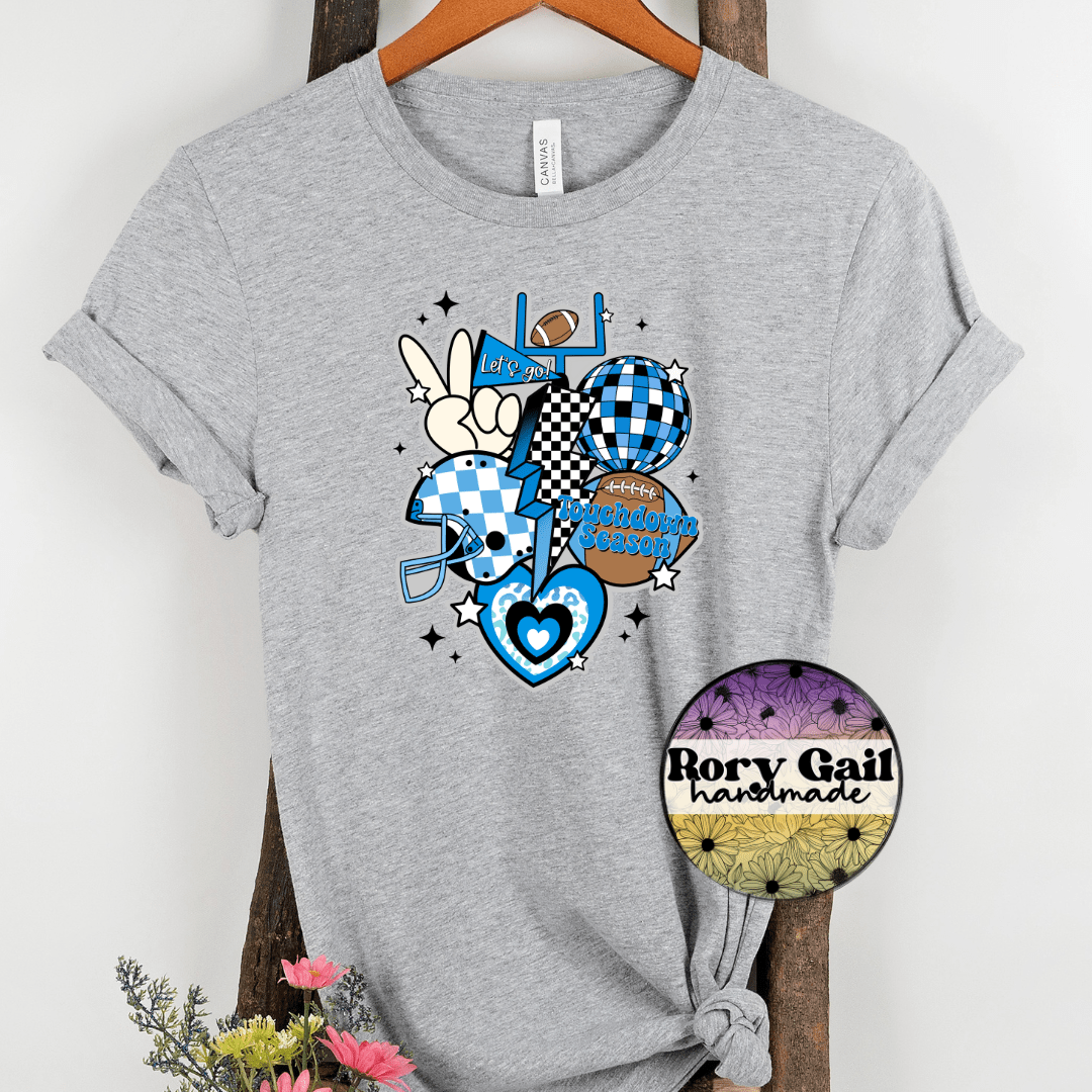 Rory Gail Handmade T-Shirt Light Blue and Black Retro Touchdown Season Adult Tee