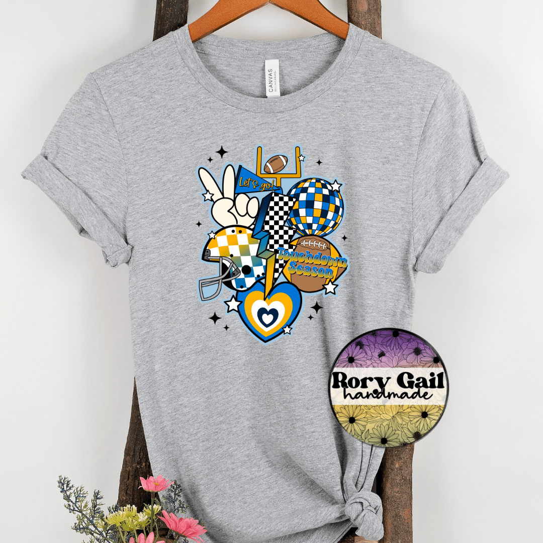 Rory Gail Handmade T-Shirt Light Blue and Yellow Retro Touchdown Season Adult Tee