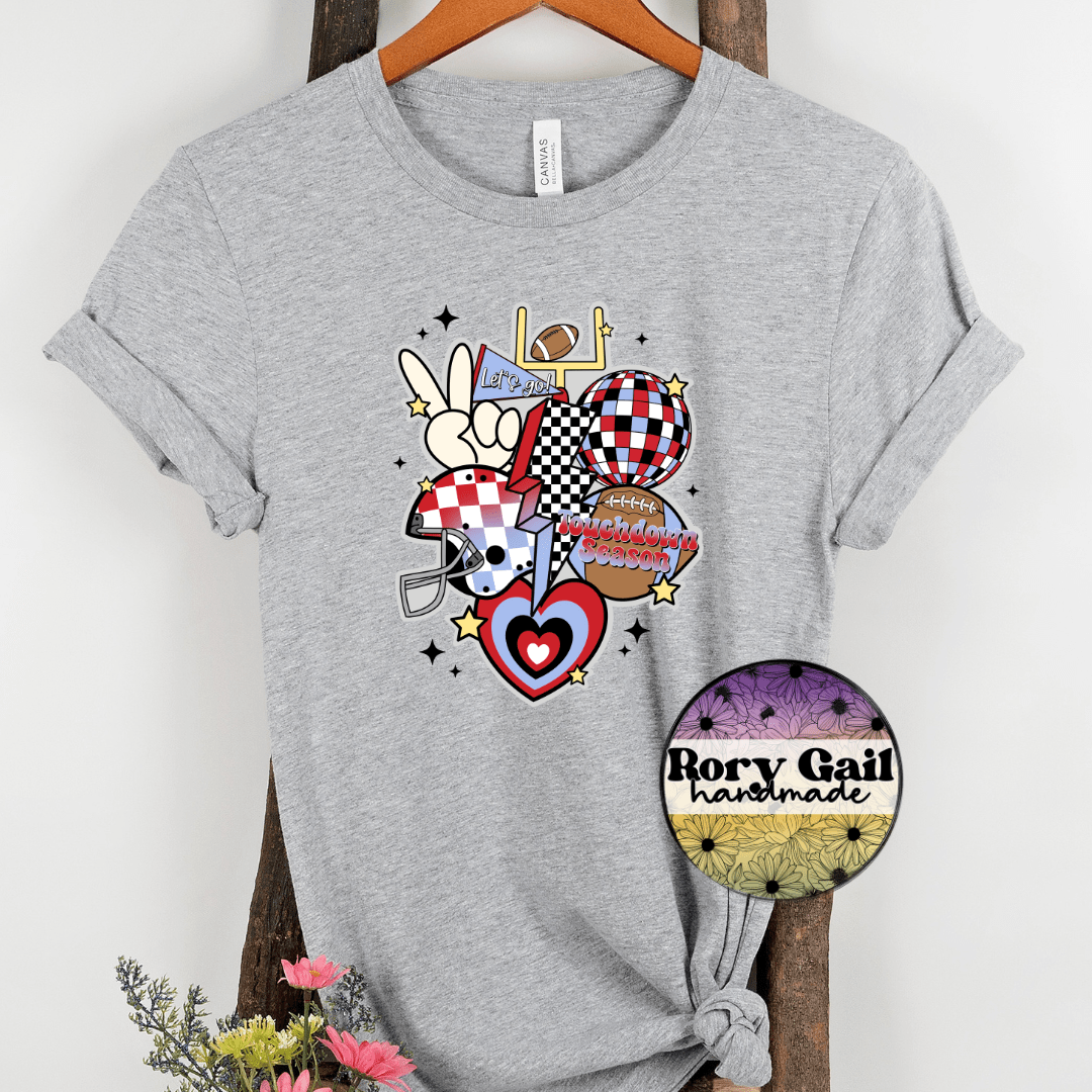 Rory Gail Handmade T-Shirt Light Blue/Red/Black Retro Touchdown Season Adult Tee