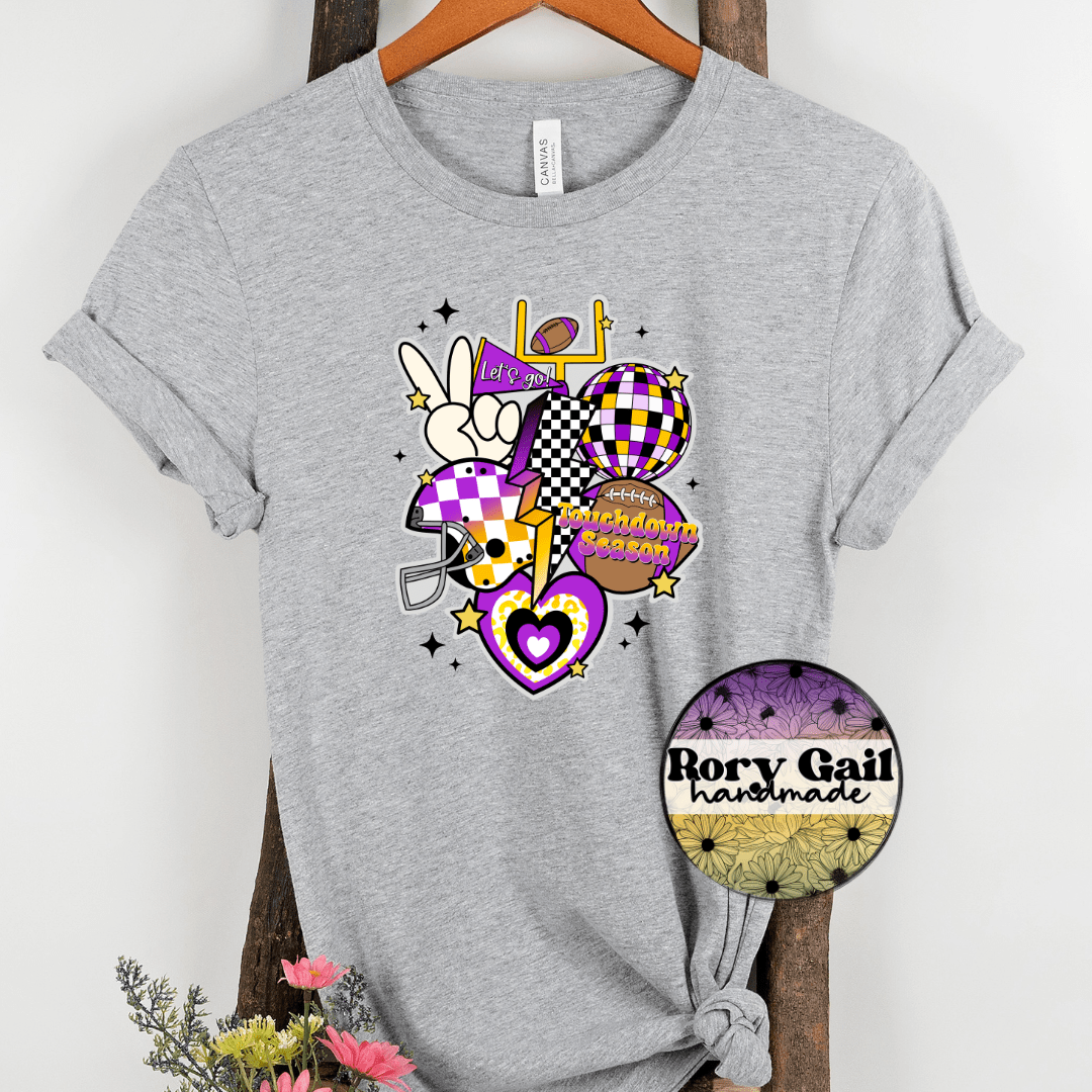 Rory Gail Handmade T-Shirt Light Purple/Yellow/Black Retro Touchdown Season Adult Tee