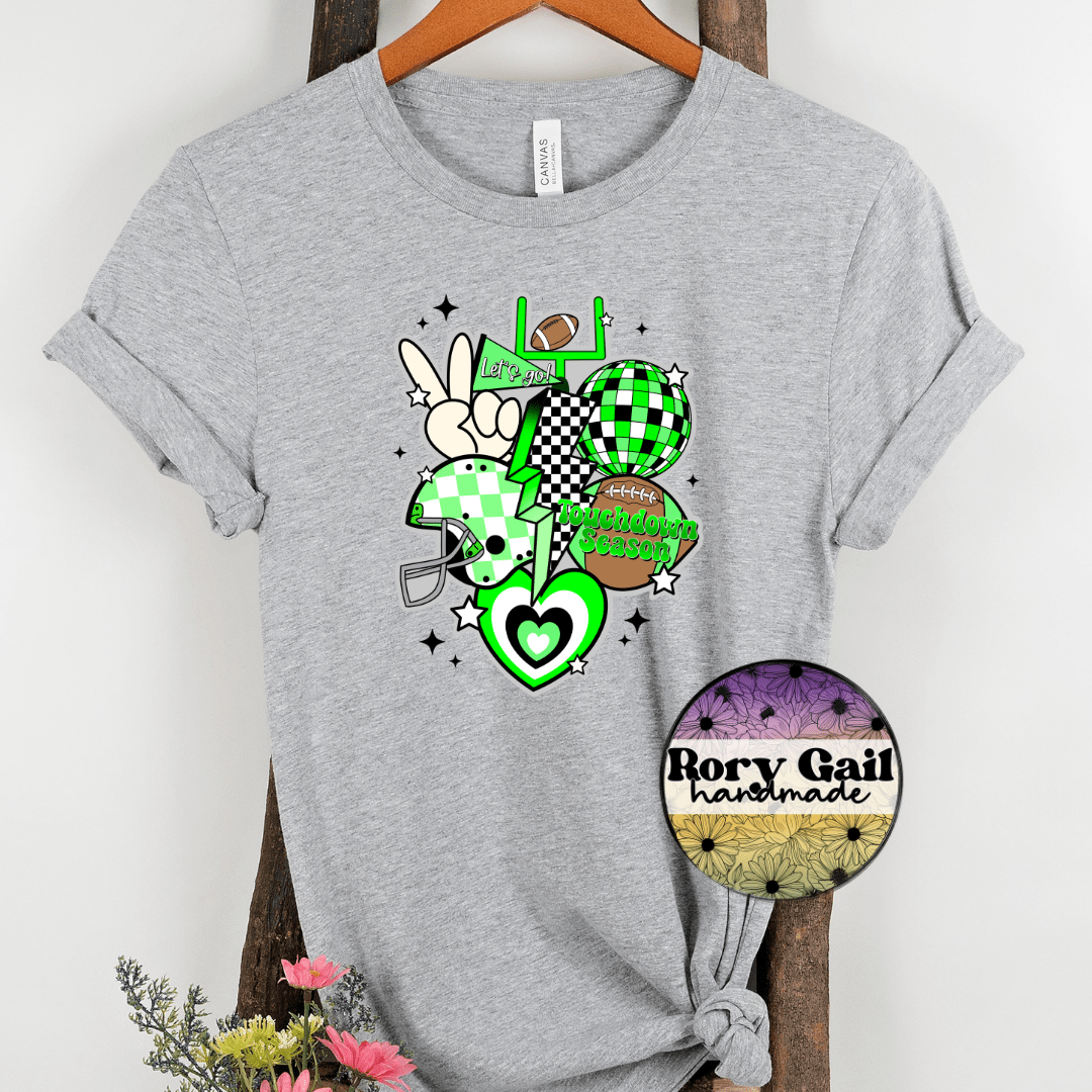 Rory Gail Handmade T-Shirt Lime Green and Black Retro Touchdown Season Adult Tee