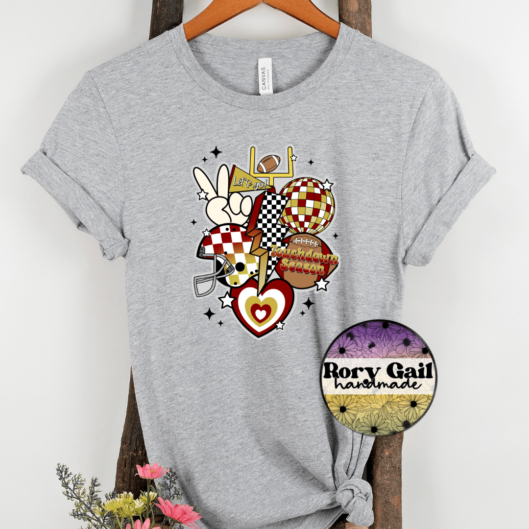 Rory Gail Handmade T-Shirt Maroon and Gold Retro Touchdown Season Adult Tee