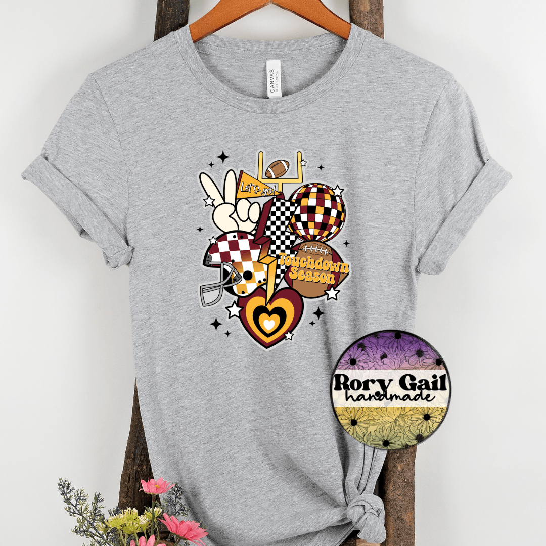 Rory Gail Handmade T-Shirt Maroon and Yellow Retro Touchdown Season Adult Tee