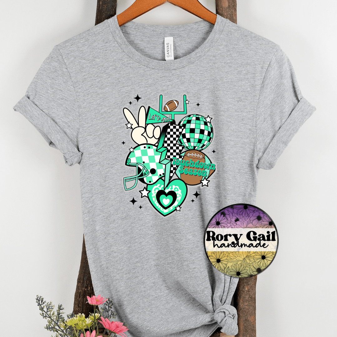 Rory Gail Handmade T-Shirt Mint and Black Retro Touchdown Season Adult Tee