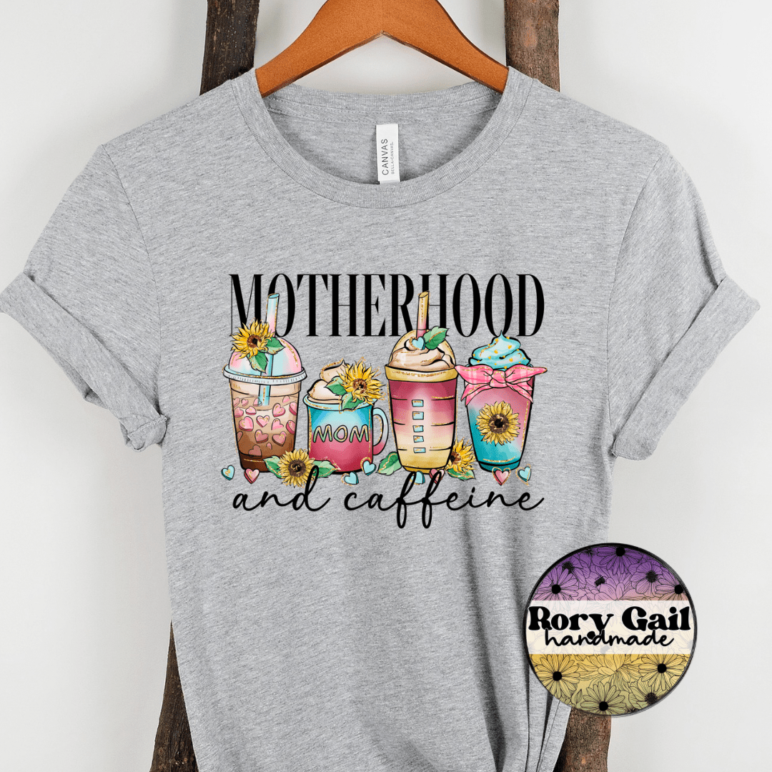 Rory Gail Handmade T-Shirt Motherhood and Caffeine Adult Tee